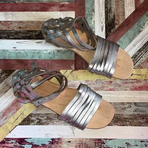 Trippen Native Timber Wood Strappy Sandals Silver Metallic Leather Braid Heel 42